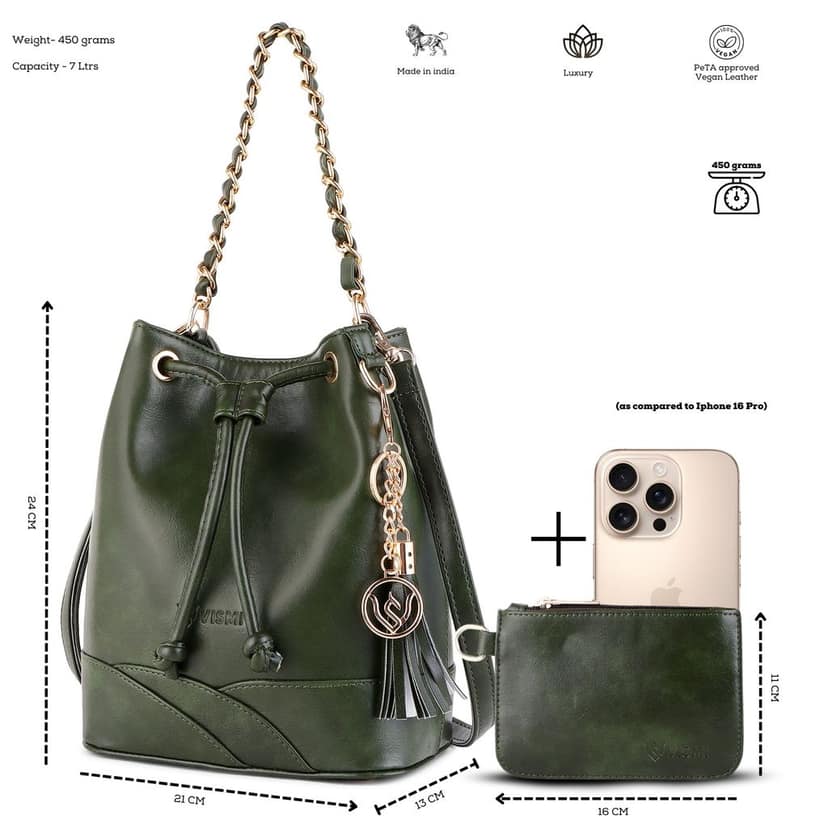 VISMIINTREND Stylish Bucket Bag for Women, Girls | Crossbody Detachable Strap Drawstring Closure Handbag | Pu Vegan Leather Handbag with Wallet & Purse view 4