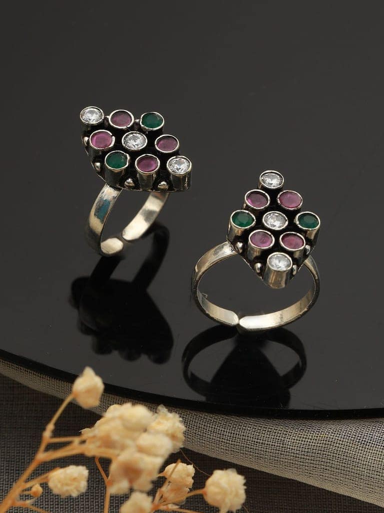 Set of 2 Oxidised Multi Colored AD studded Adjustable Toe Rings view 2