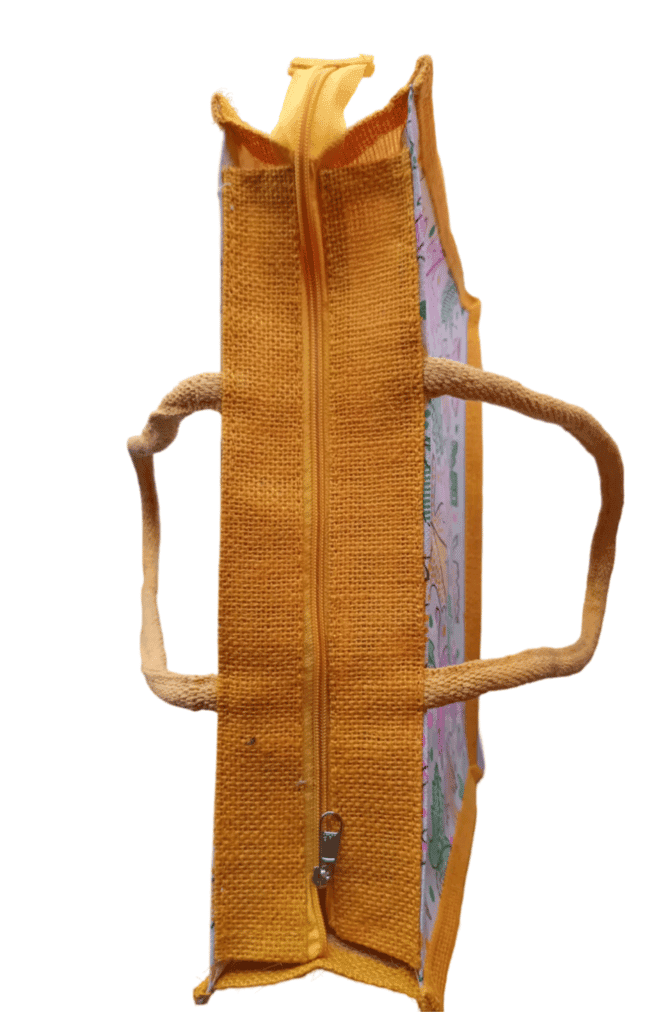 Colorful Leaf Print Jute Tote Bag with Zipper and Rope Handles view 2