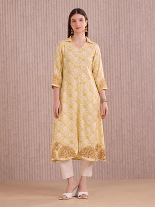 Yellow Viscose Printed Kurti With Embroidery