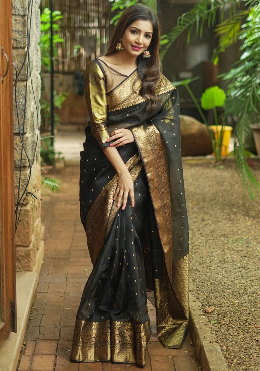 Celebrity Chanderi Silk Saree in Black with Zari chunri Butis and wide zari border view 6