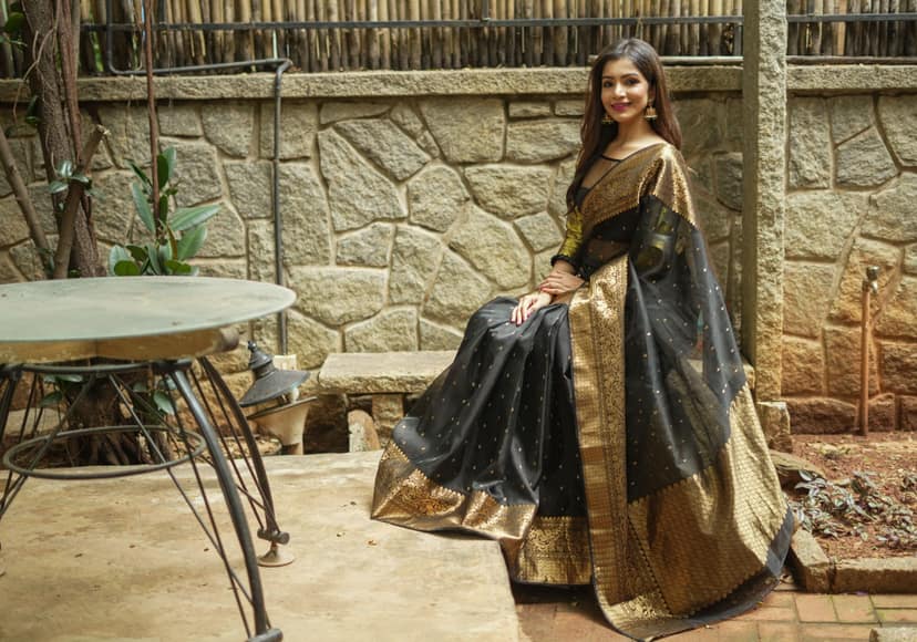 Celebrity Chanderi Silk Saree in Black with Zari chunri Butis and wide zari border view 7