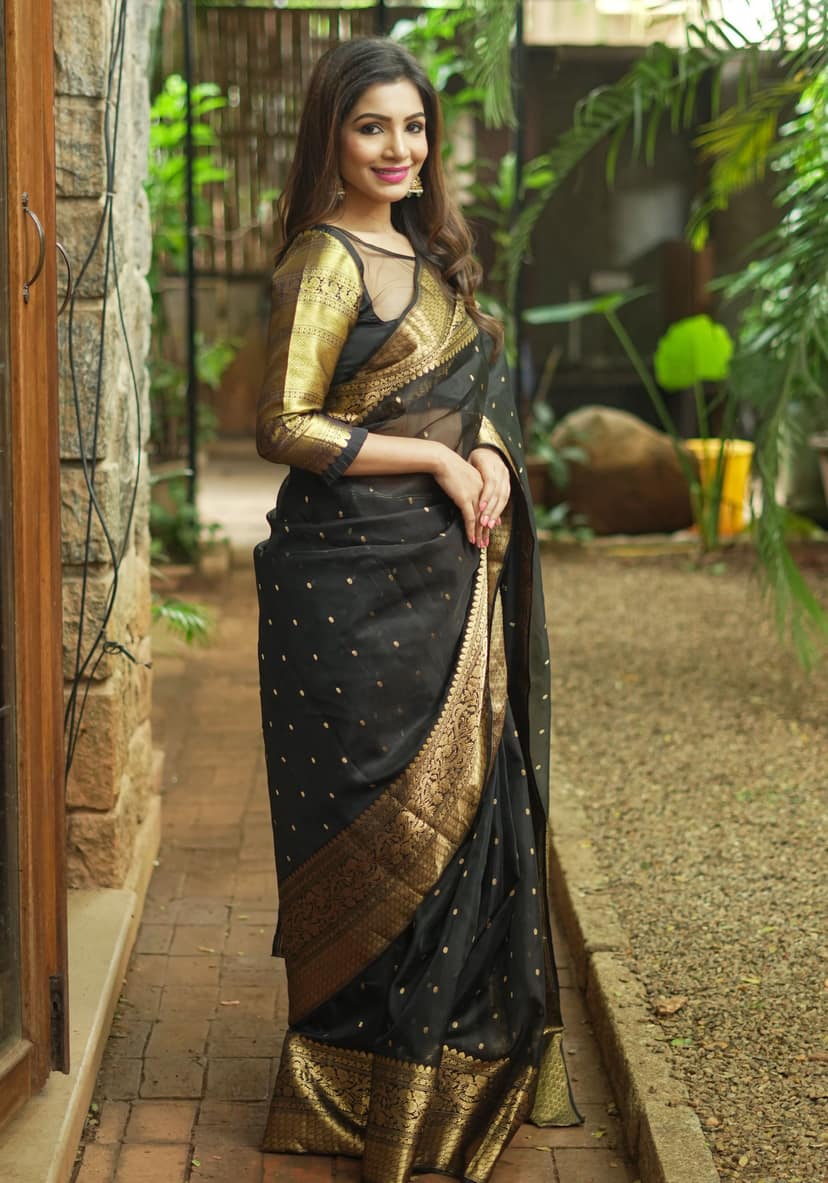 Celebrity Chanderi Silk Saree in Black with Zari chunri Butis and wide zari border view 8