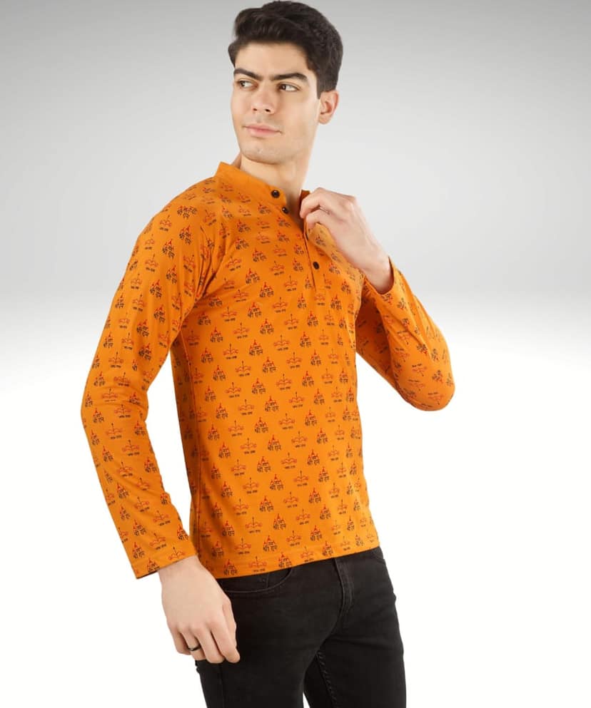 BLUEFICUS Men's Jai Shree Ram Printed Cotton Round Neck Full Sleeves T-Shirt (Mustard) view 4