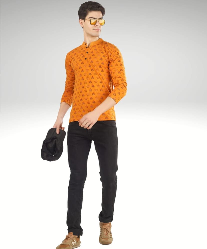 BLUEFICUS Men's Jai Shree Ram Printed Cotton Round Neck Full Sleeves T-Shirt (Mustard) view 7