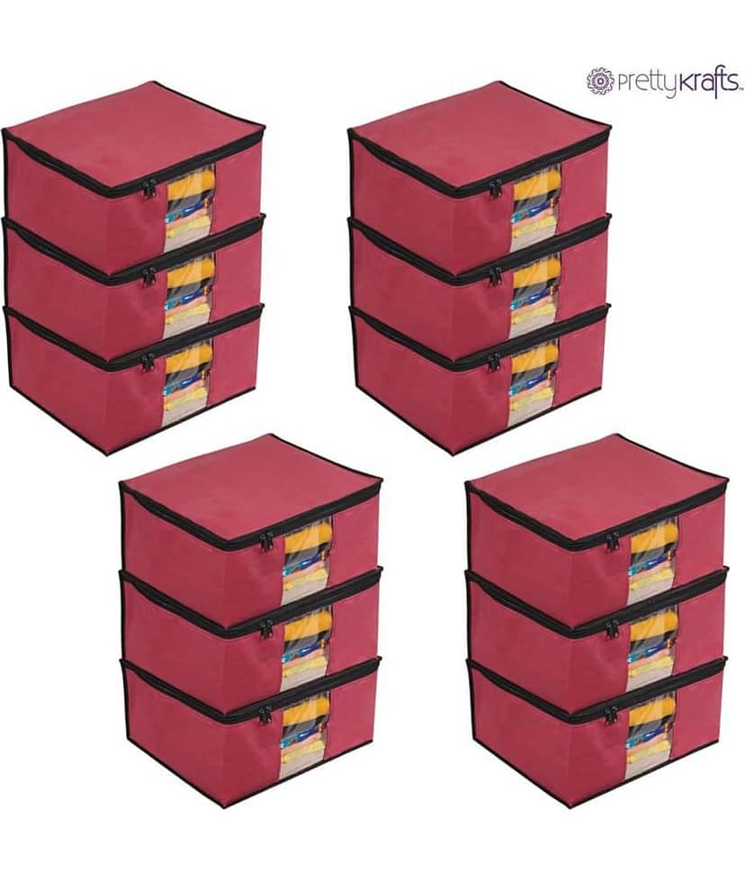 PrettyKrafts Non Woven Saree Cover Storage Bags Premium Quality Saree Organizer for Wardrobe/Cloth Organizer Pack of 12 - Pink view 2