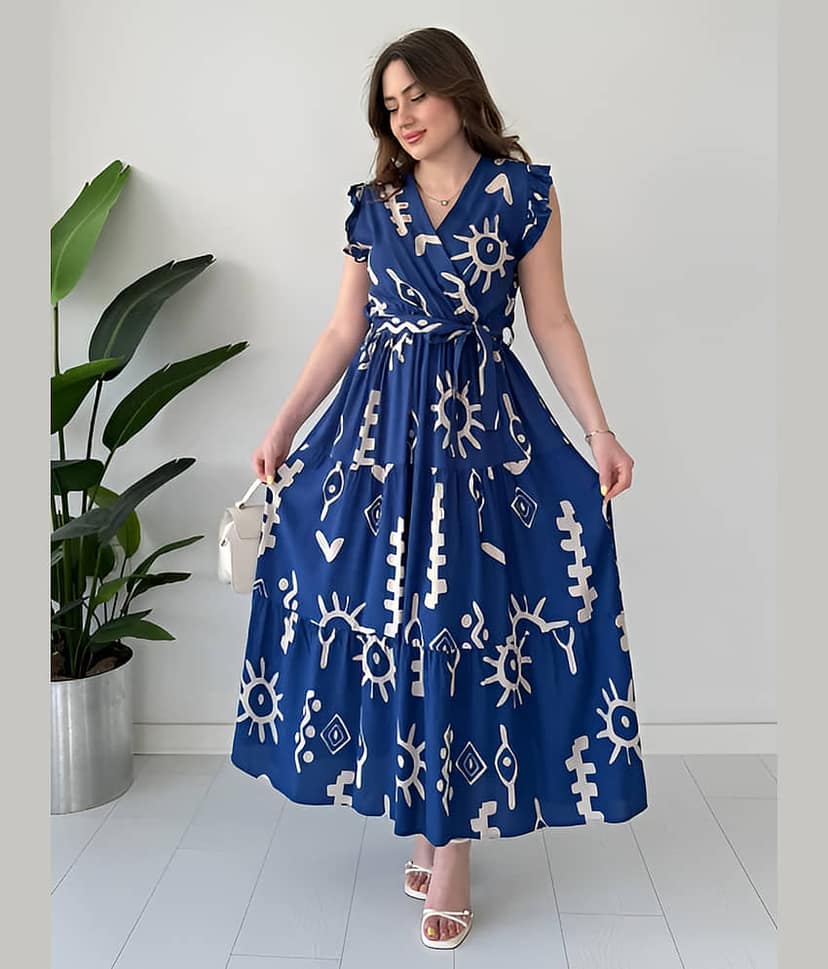 ZWERLON Women Viscose Rayon Printed Fit & Flare Dress ( Blue )