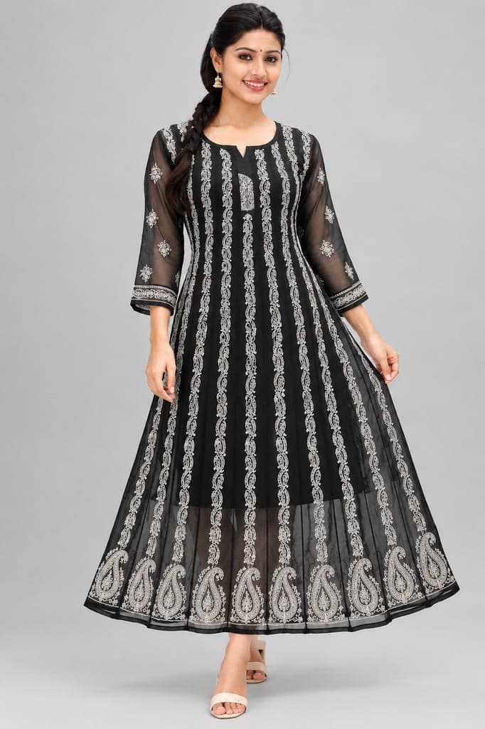 Mrs Right Women’s Lucknowi Chikankari Anarkali Kurta in Soft Georgette | Handcrafted Floral Embroidery | 3/4 Sleeves | 45 Inch Length | 74 Inch Flare | Festive Ethnic Wear