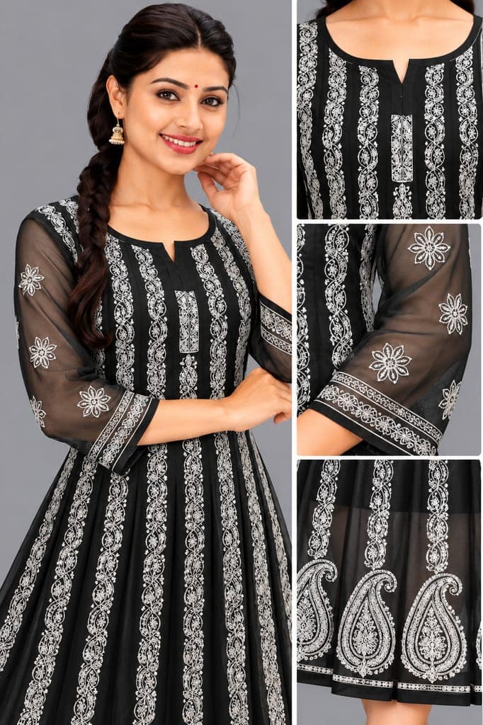 Mrs Right Women’s Lucknowi Chikankari Anarkali Kurta in Soft Georgette | Handcrafted Floral Embroidery | 3/4 Sleeves | 45 Inch Length | 74 Inch Flare | Festive Ethnic Wear view 2