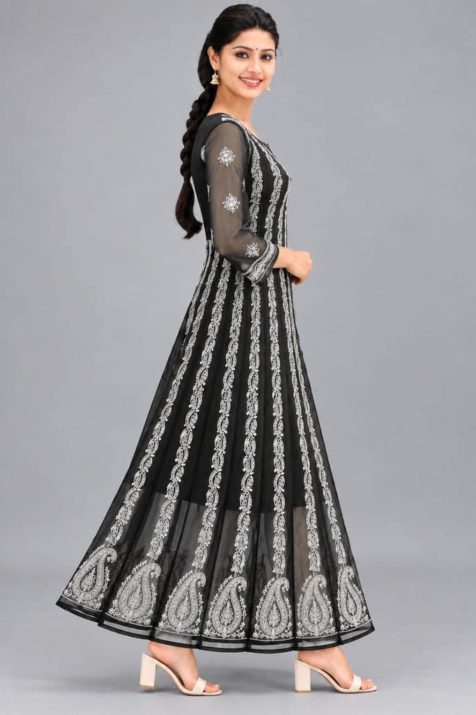 Mrs Right Women’s Lucknowi Chikankari Anarkali Kurta in Soft Georgette | Handcrafted Floral Embroidery | 3/4 Sleeves | 45 Inch Length | 74 Inch Flare | Festive Ethnic Wear view 3
