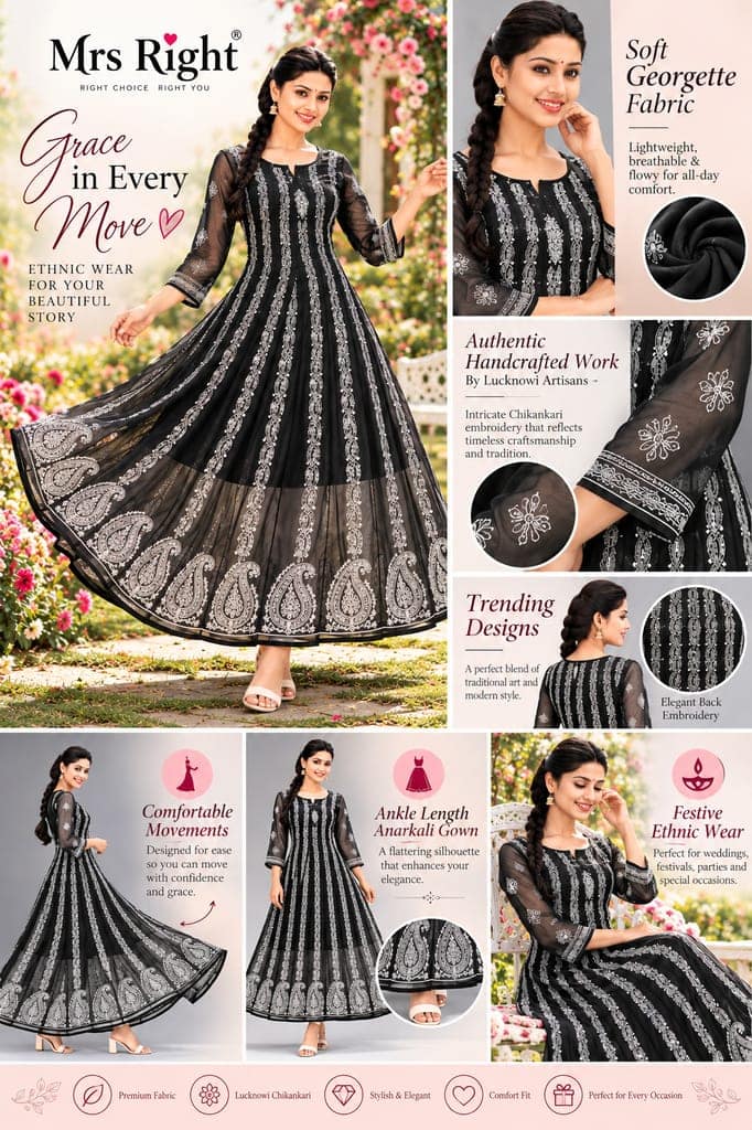 Mrs Right Women’s Lucknowi Chikankari Anarkali Kurta in Soft Georgette | Handcrafted Floral Embroidery | 3/4 Sleeves | 45 Inch Length | 74 Inch Flare | Festive Ethnic Wear view 5