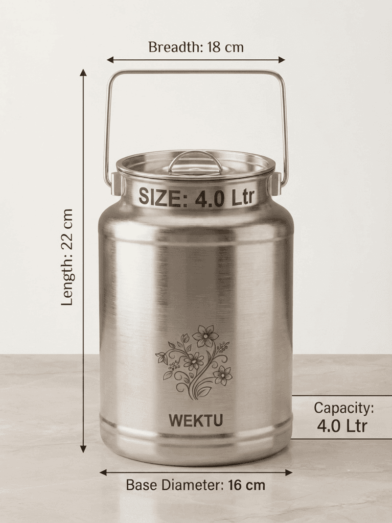 WEKTU Premium Stainless Steel Barni Dolu with Airtight Leak-Proof Lid & Foldable Handle | Heavy Duty Mirror Finish Metal Milk Can & Kitchen Storage Container | Available in Multiple Sizes (1L, 1.5L, 2L, 2.5L, 3L, 4L, 5L) view 2
