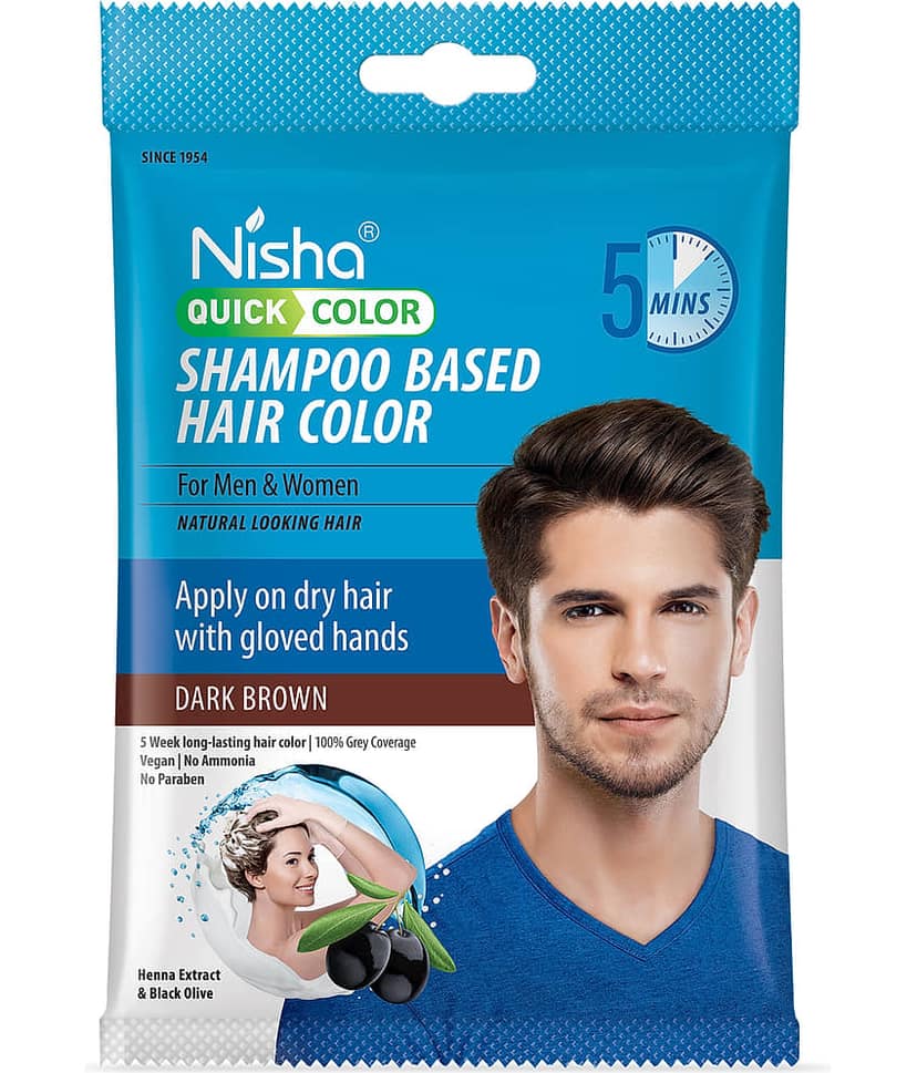 Nisha Quick Hair Color 5 Minutes Shampoo Hair Colour Dark Brown 20ml Pack of 8, 5 Weeks Long Lasting Hair Colour Shampoo