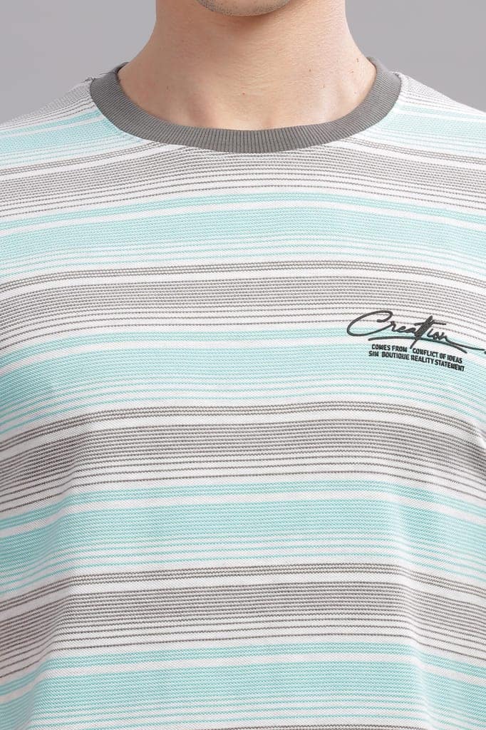 Men Striped Round Neck Polyester Blue T-Shirt view 2