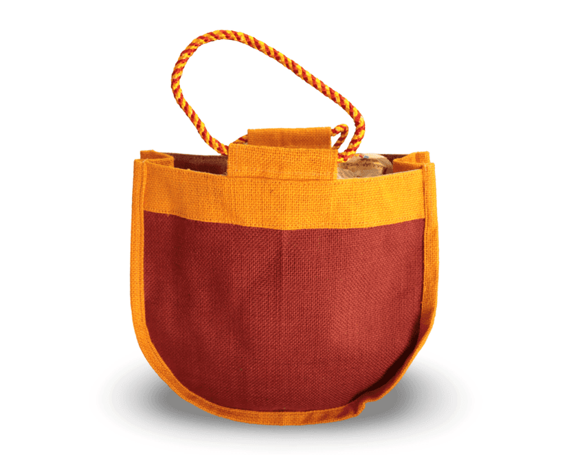 Handmade Jute Potli Bag with Cotton Drawstring for Gifting, Storage and Travel (Brown and Orange)