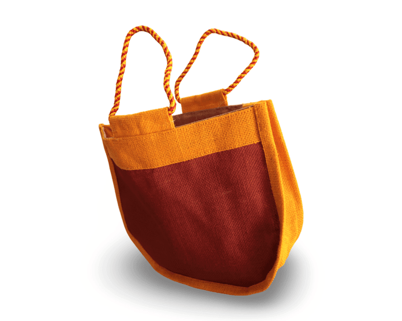 Handmade Jute Potli Bag with Cotton Drawstring for Gifting, Storage and Travel (Brown and Orange) view 2