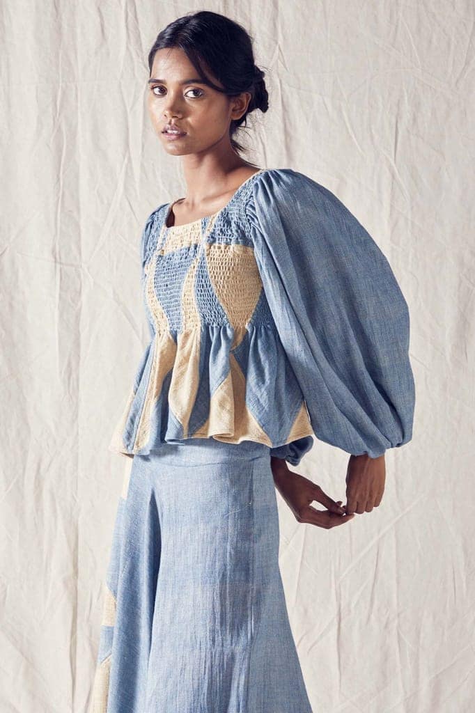 Indigo And Beige Pieced Smocked Cord Set In Organic Cotton view 3