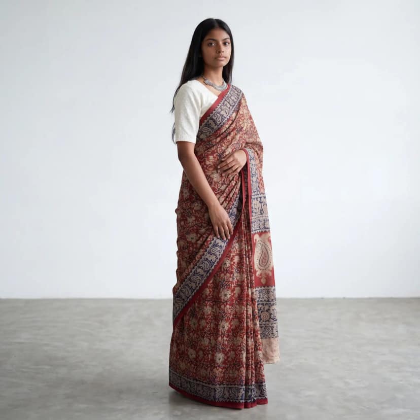 Pedana Kalamkari Block-Print Mulmul Cotton Saree in Maroon view 2