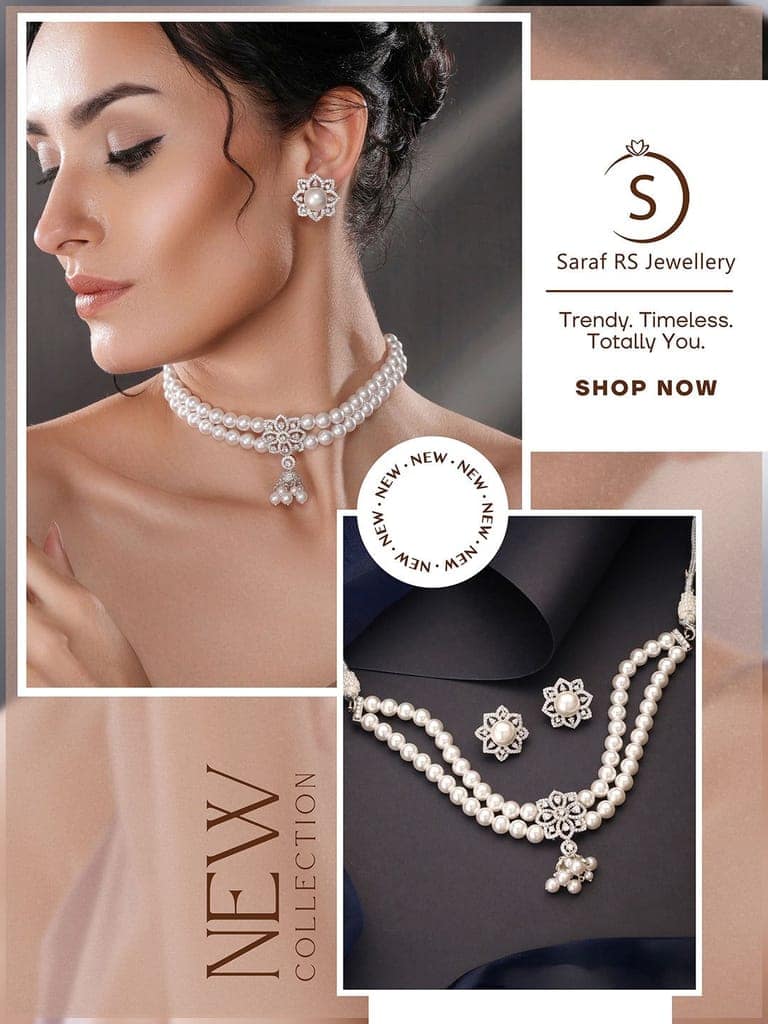 White Rhodium Cubic Zirconia 2 Layered Pearl Beaded Statement Necklace Jewellery Set view 10