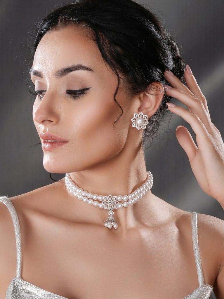 White Rhodium Cubic Zirconia 2 Layered Pearl Beaded Statement Necklace Jewellery Set view 2