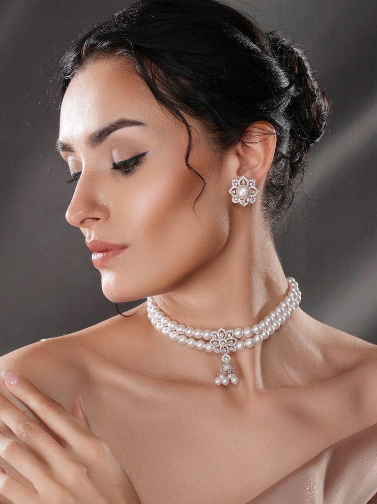 White Rhodium Cubic Zirconia 2 Layered Pearl Beaded Statement Necklace Jewellery Set view 3