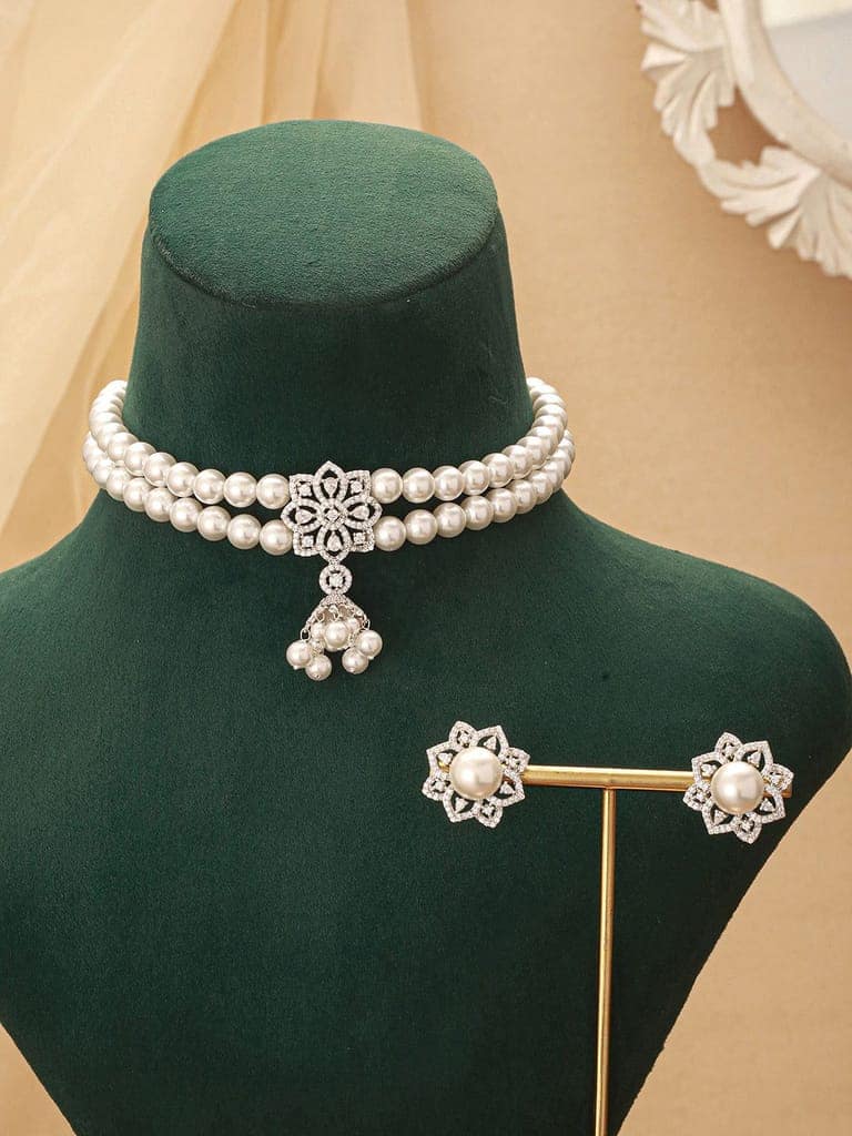 White Rhodium Cubic Zirconia 2 Layered Pearl Beaded Statement Necklace Jewellery Set view 4