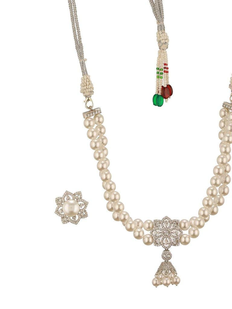 White Rhodium Cubic Zirconia 2 Layered Pearl Beaded Statement Necklace Jewellery Set view 6