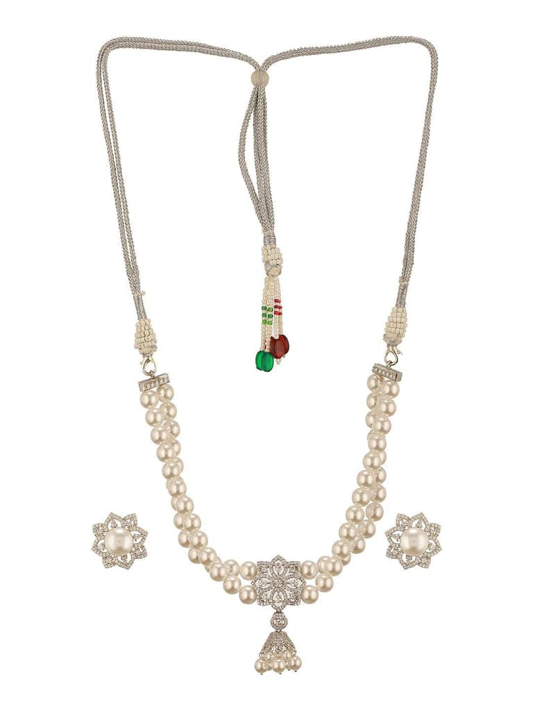White Rhodium Cubic Zirconia 2 Layered Pearl Beaded Statement Necklace Jewellery Set view 7