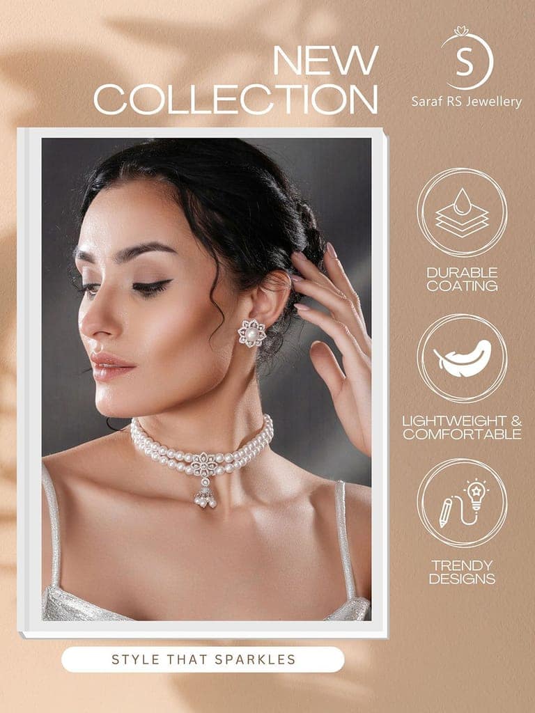 White Rhodium Cubic Zirconia 2 Layered Pearl Beaded Statement Necklace Jewellery Set view 9