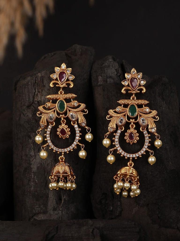 Gold Plated CZ Studded Floral Chandbali Earrings view 2