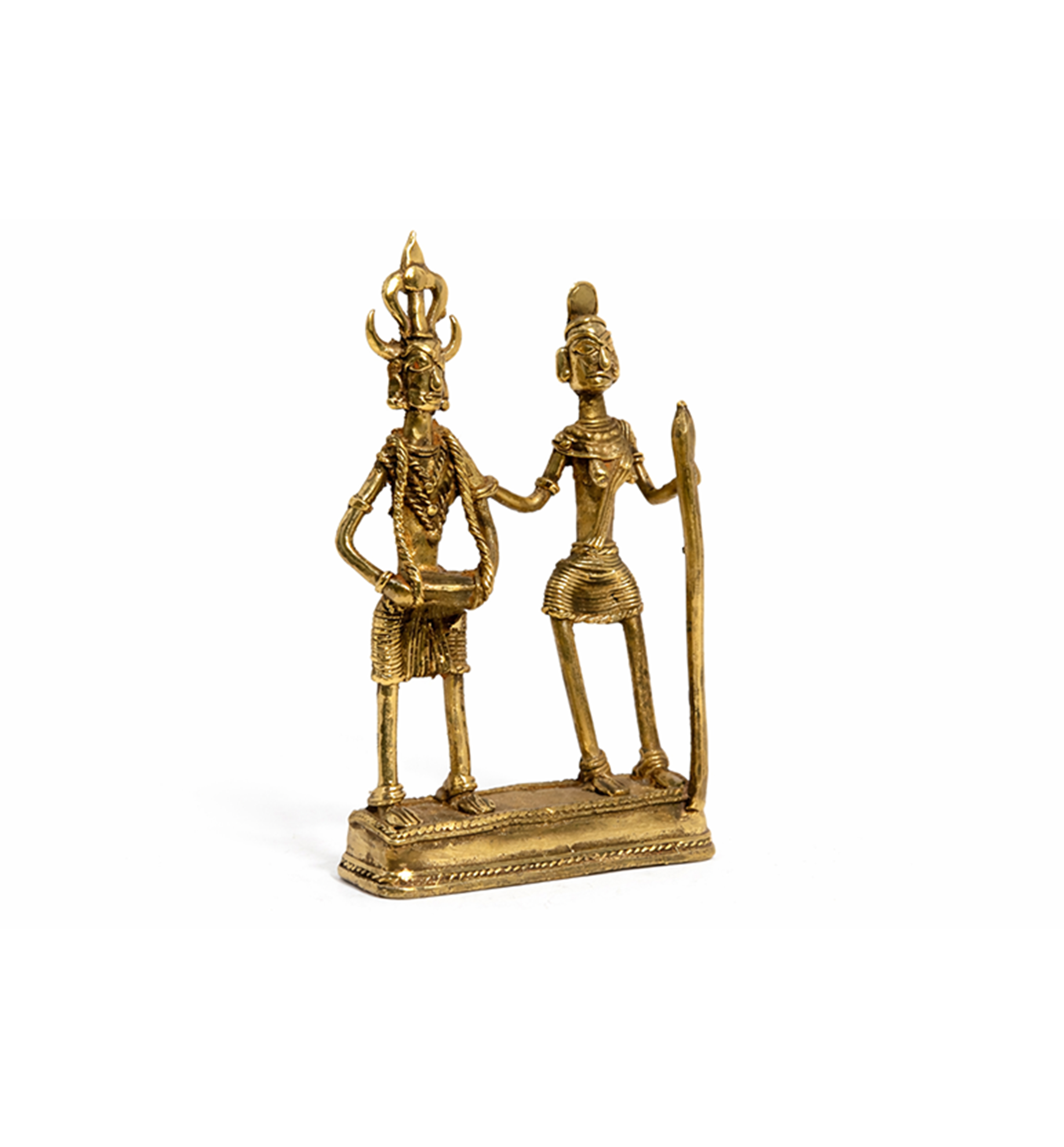 Handcrafted Brass Tribal Folk Dance Couple Showpiece – Traditional Bhareva Bell Metal Art view 3