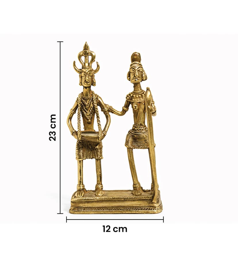 Handcrafted Brass Tribal Folk Dance Couple Showpiece – Traditional Bhareva Bell Metal Art view 6