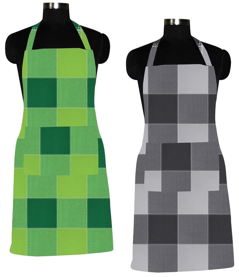 AIRWILL 100% Cotton Premium Quality Checkered Pattern Free Sized Apron (Green,Black, Pack of 2)