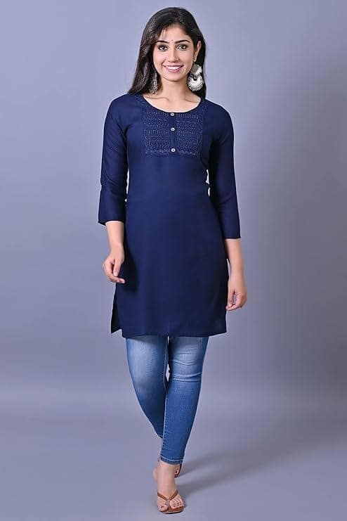 Women's Navy Blue Solid Straight Kurta with 3/4th Sleeves view 4