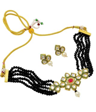 Jewar Mandi - Maroon Brass Necklace Set ( Pack of 1 )
