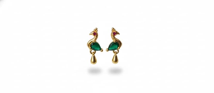 Gold Peacock Stud Earrings with Teardrop Emerald