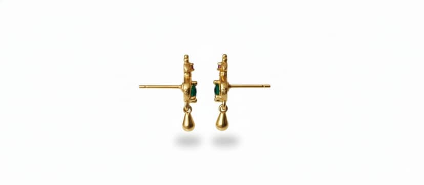Gold Peacock Stud Earrings with Teardrop Emerald view 2