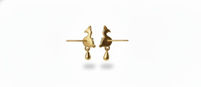 Gold Peacock Stud Earrings with Teardrop Emerald view 3