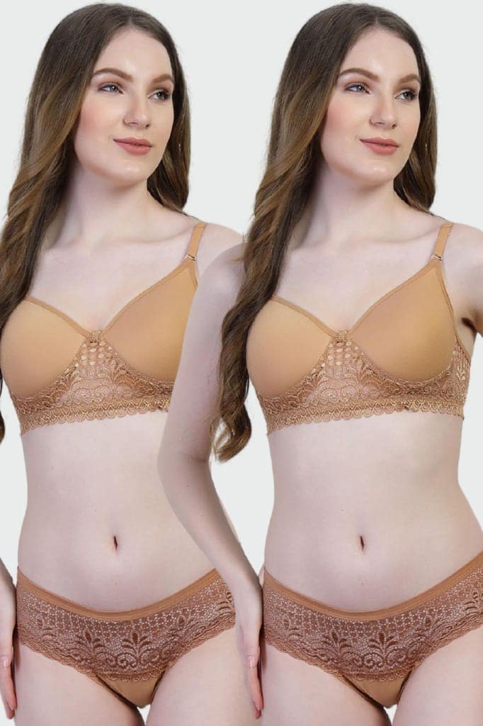 Pack of 2 Cotton Lace Bra Panty Set | Women�s Padded Lingerie Innerwear view 2