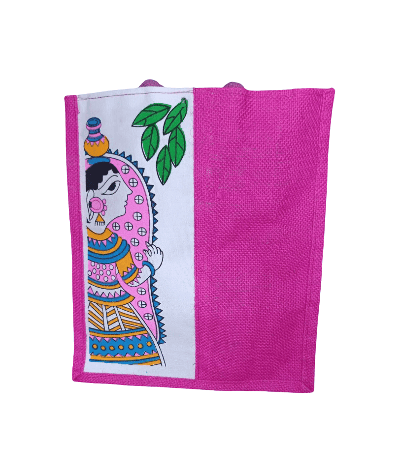 Hand-Painted Pink Jute Tote Bag - Indian Art Design view 2