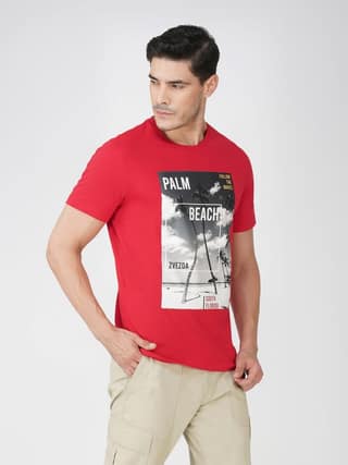 Men’s Breathable Cotton Graphic Tee for Casual Wear-Red
