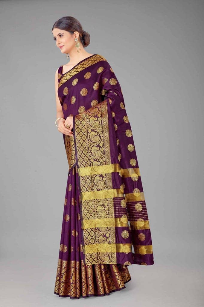 Women's Banarasi Soft Silk Golden Touch Woven Wine Saree view 2