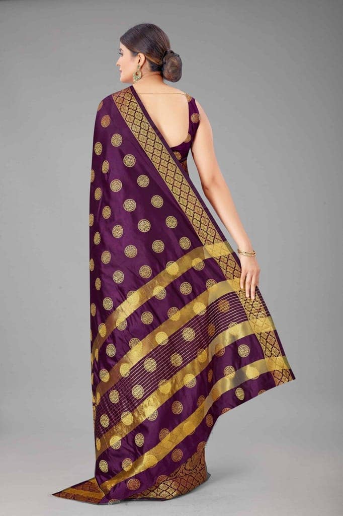 Women's Banarasi Soft Silk Golden Touch Woven Wine Saree view 3