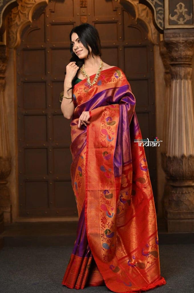Parampara Premium ~ Gadwal Pure Silk Brocade Handloom Saree in Dual Tone Pink Orange with Red Border view 2