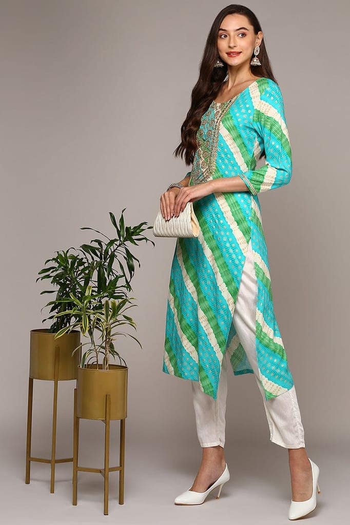 Plus Size Blue Viscose Rayon Leheriya Straight Kurta VCK9556