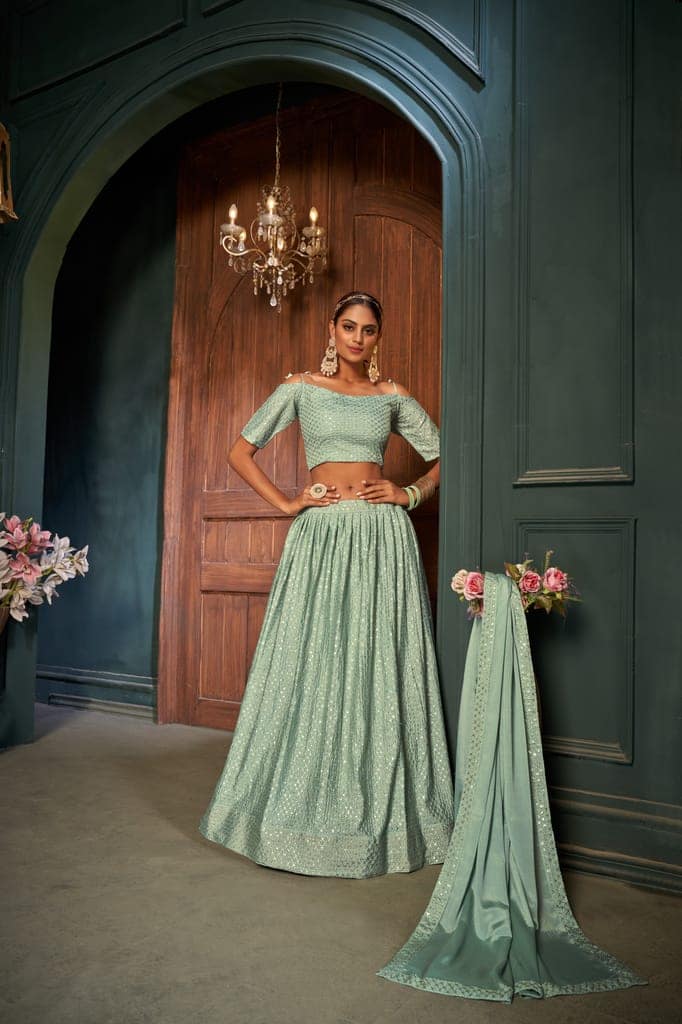 Green Chinon Chiffon Sequance work heavy semi-stitched lehengha choli