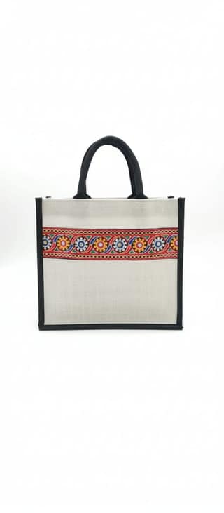 Eco-Friendly Black Jute Tote Bag with Multicolored Design & Black Handles