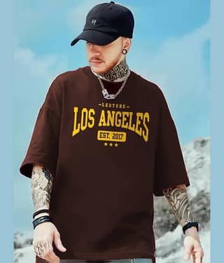 Leotude Men Cotton Blend Oversized Fit Printed T-Shirt ( Brown )