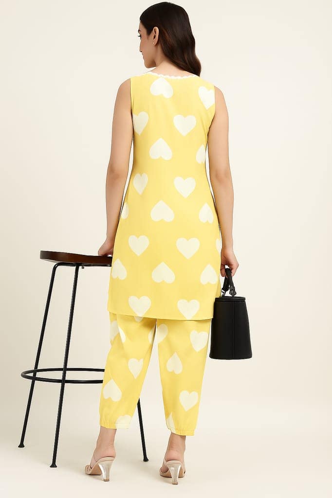 Yellow Heart Print Co-Ord Set for Women – Sleeveless Kurta with Matching Pants view 4