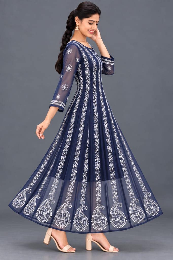 Mrs Right Women’s Lucknowi Chikankari Anarkali Kurta in Soft Georgette | Handcrafted Floral Embroidery | 3/4 Sleeves | 45 Inch Length | 74 Inch Flare | Festive Ethnic Wear view 3